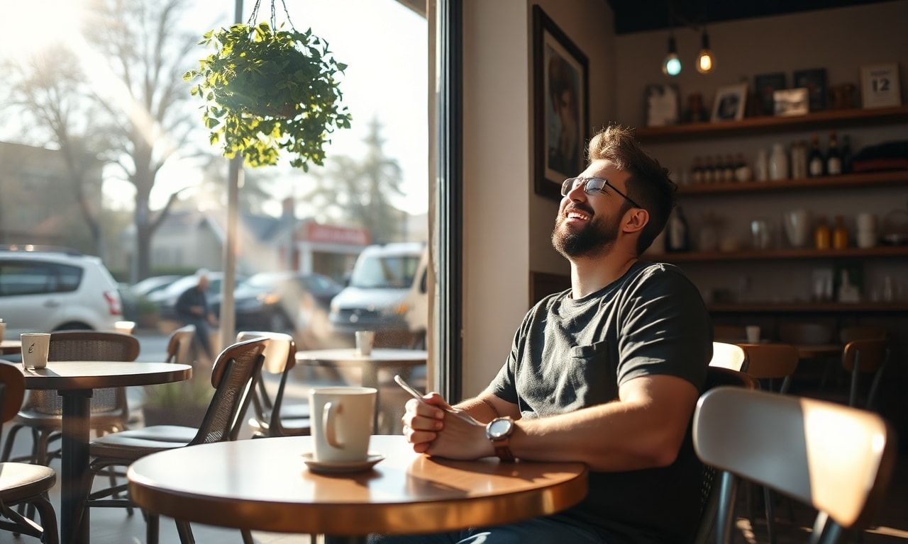 平日休みのカフェでリラックスする人