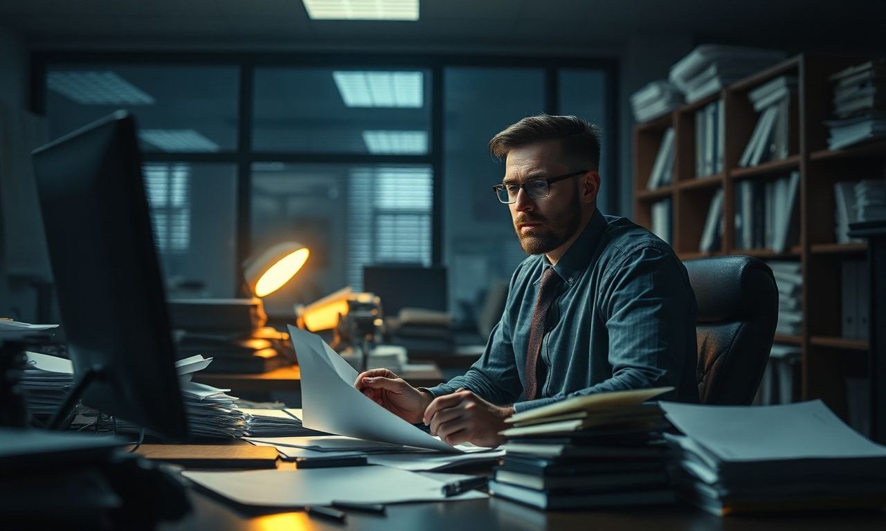 オフィスで書類に埋もれて疲弊する社員