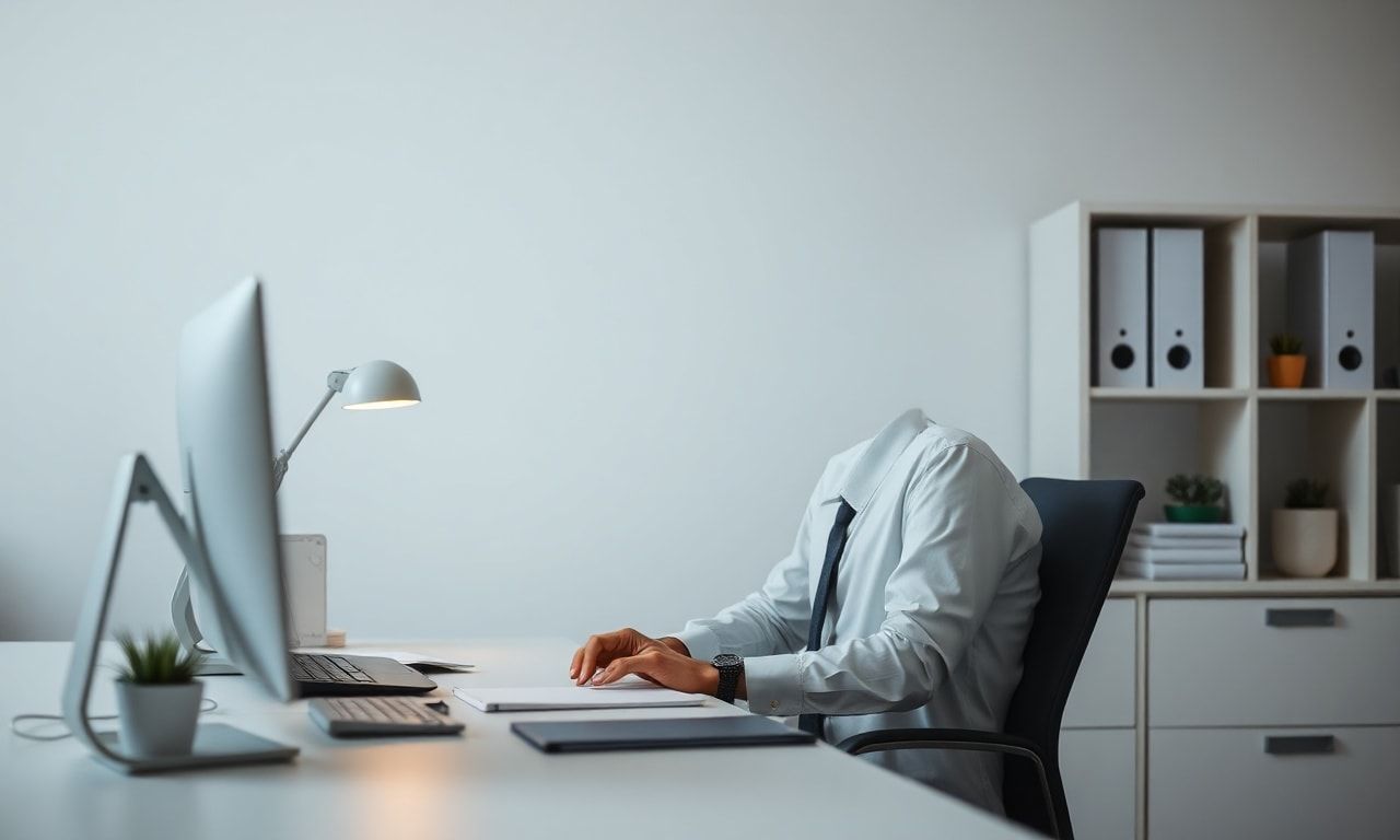 オフィスの席で周囲との関わりを避けたいと願う疲れた会社員