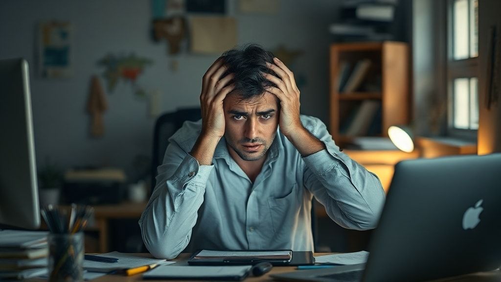 疲れ果ててデスクで頭を抱える人のイメージ