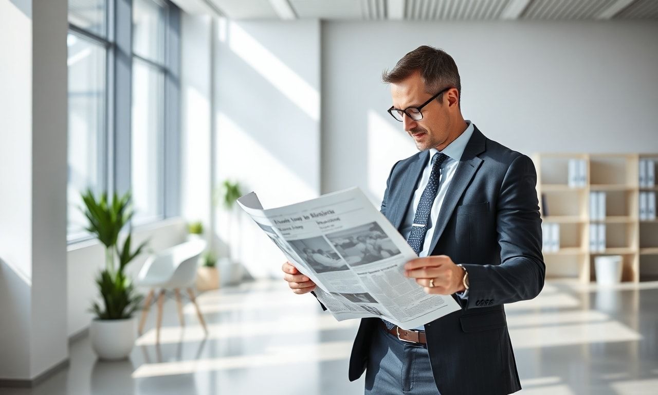 オフィスで新聞を読みながら仕事に取り組む様子