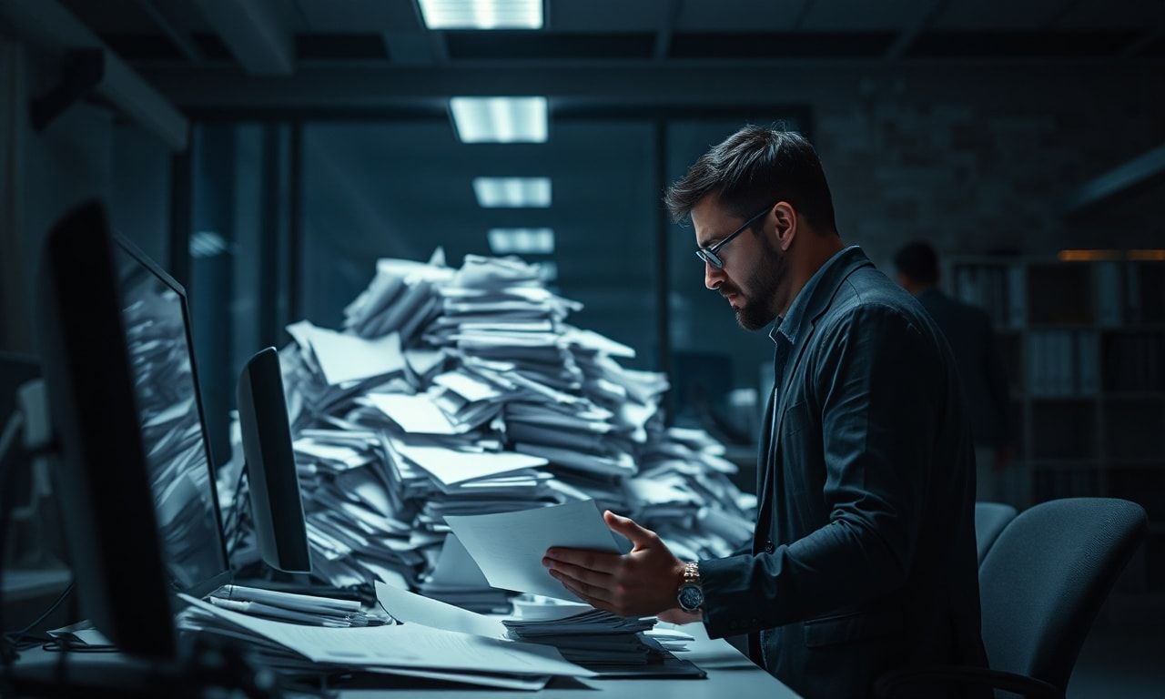 深夜のオフィスで山積みの書類を見つめる労働者