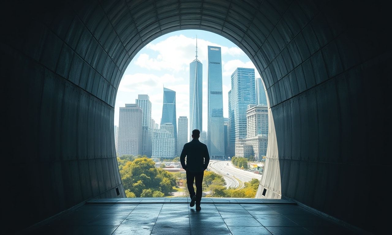 トンネルを抜けて明るい都会へ向かうイメージ
