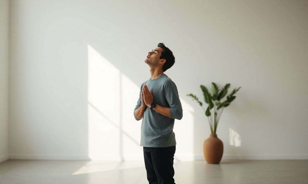 穏やかな光の中で深呼吸する様子