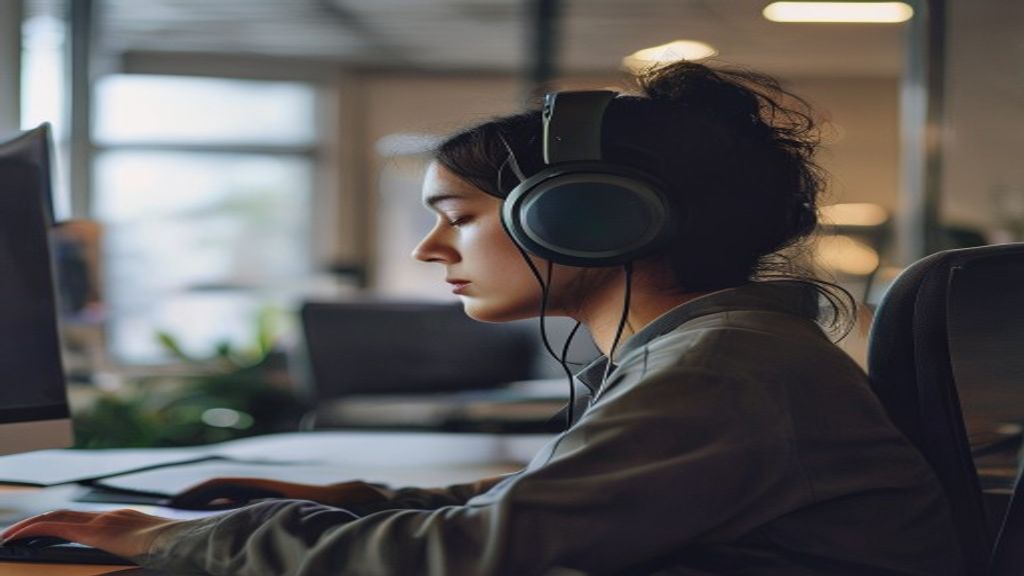 ヘッドホンをして周囲と距離を保ちながら自分の仕事に集中する様子