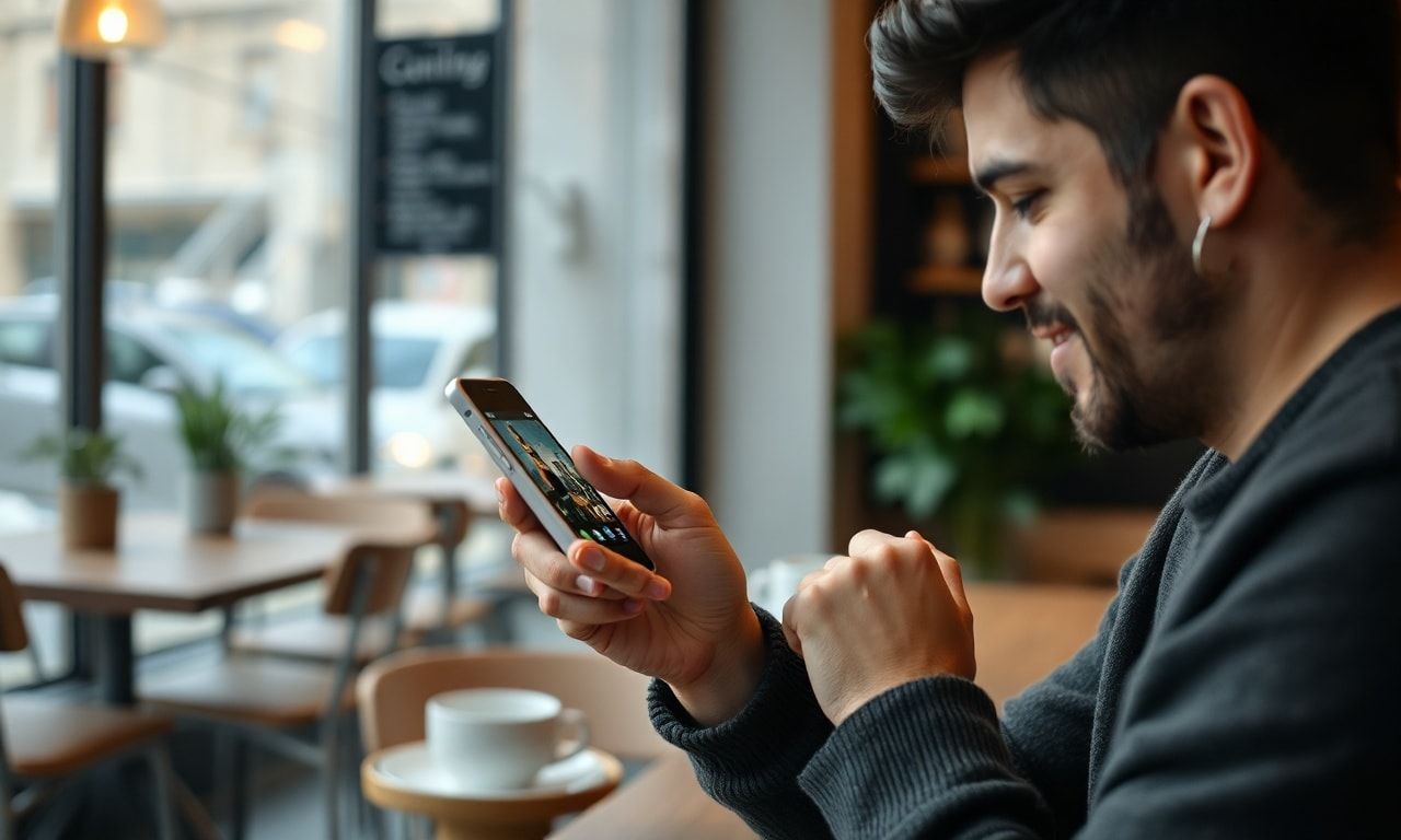 カフェでスマホを使って学び直している様子