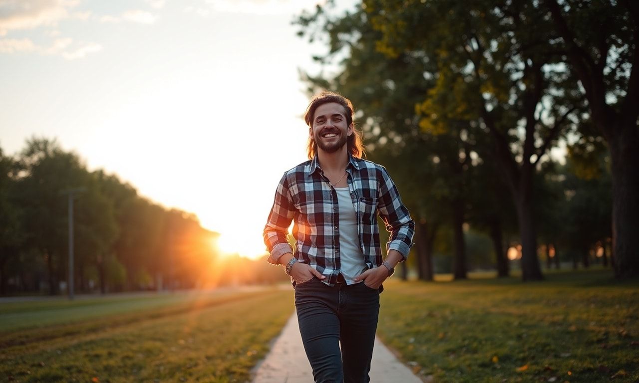 夕暮れ時の公園で穏やかな笑顔を浮かべて歩く人