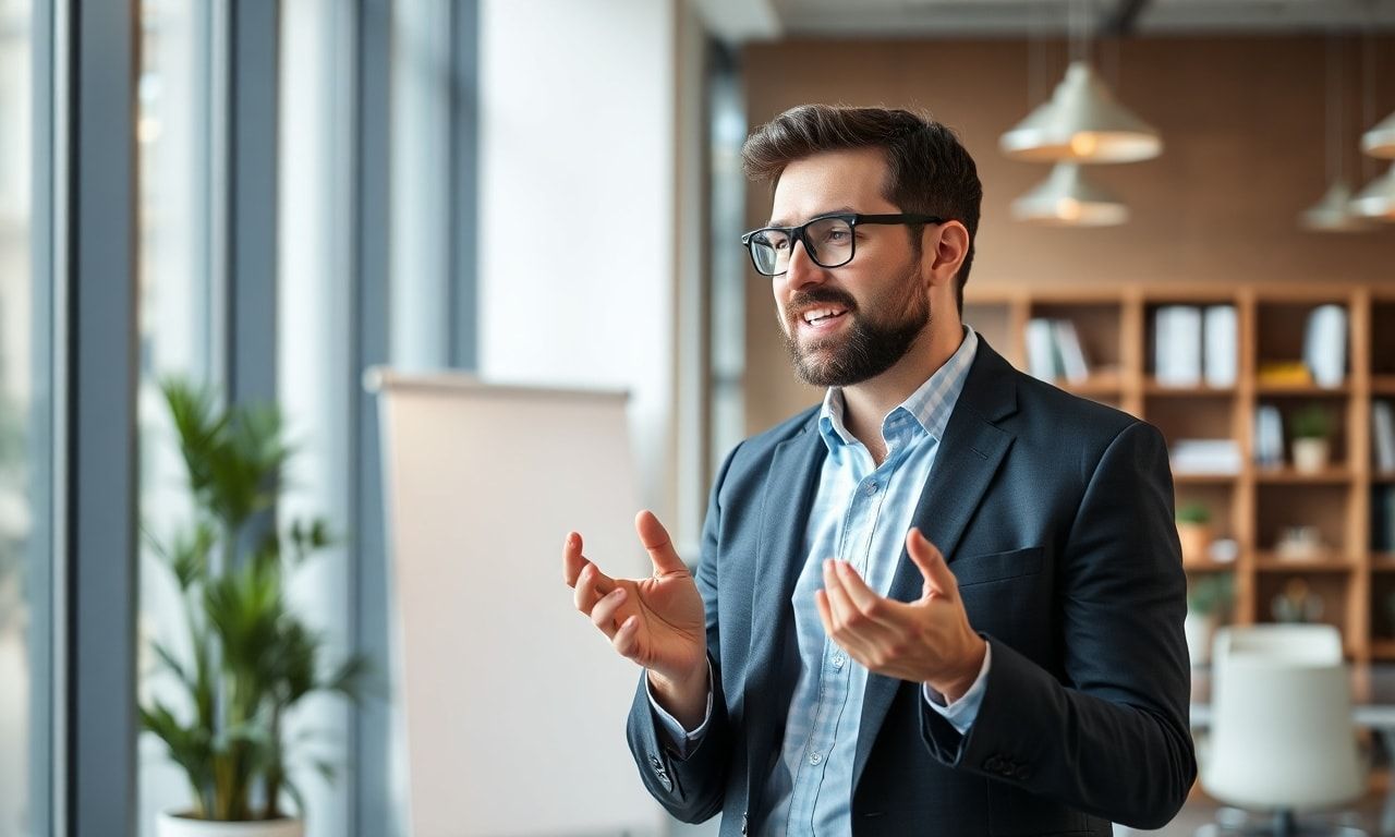 会議で自信を持って発言するビジネスマン