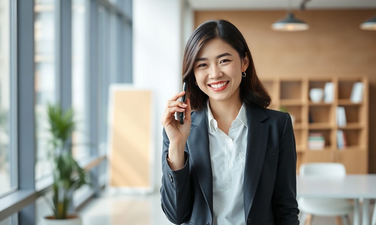電話対応で笑顔を見せるビジネスパーソン