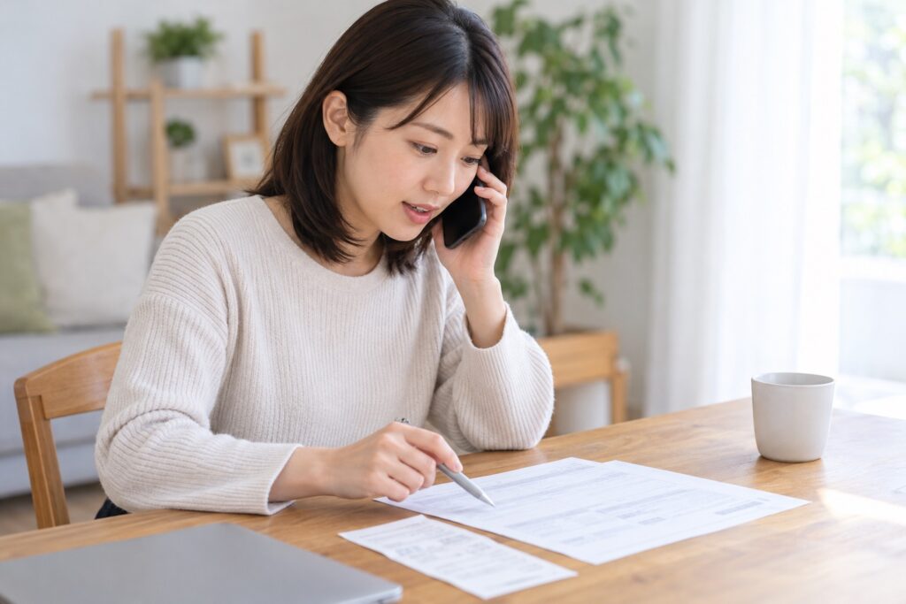医療費の領収書を確認しながら保険の窓口へ電話する人