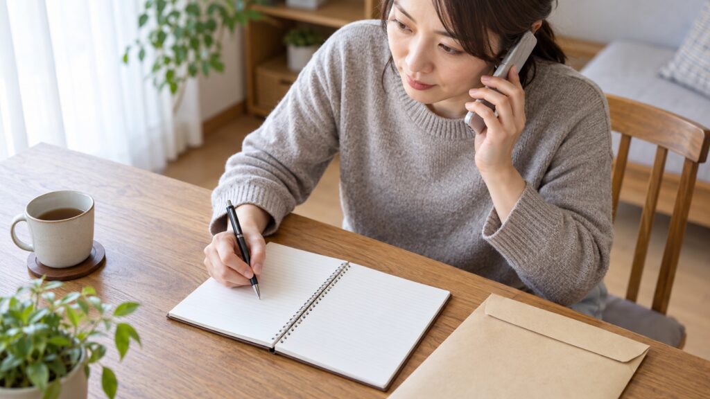 電話で手続きを確認しながらメモを取る人