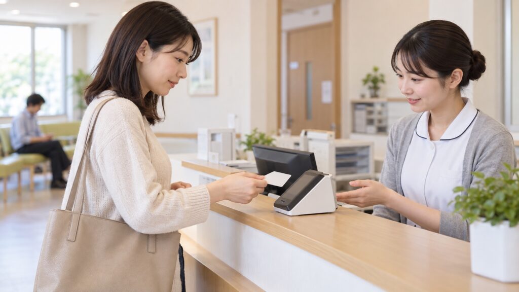 医療機関の受付でカードリーダーの案内を受ける人