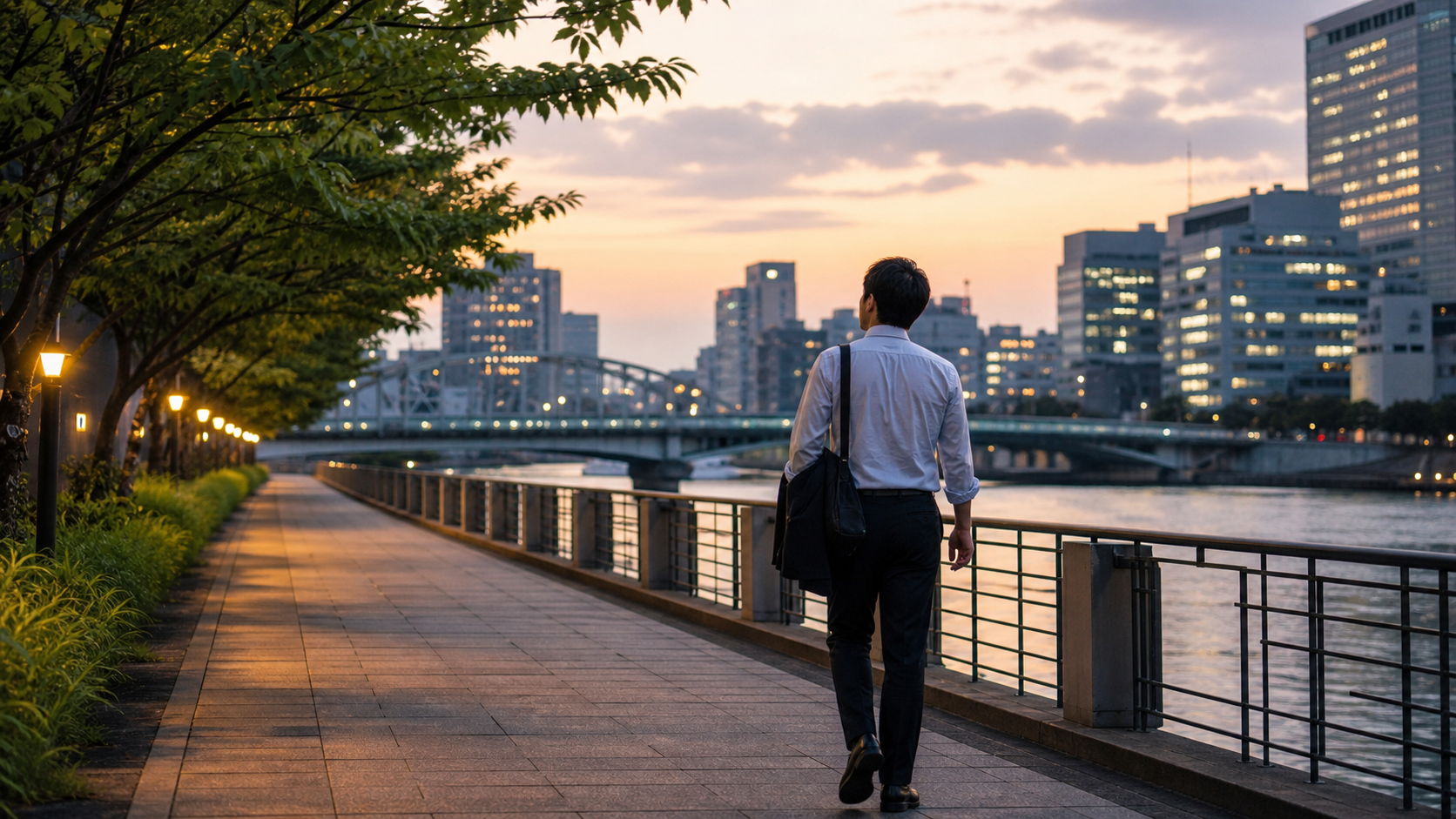 仕事帰りに川沿いを歩いて職場ストレスをリセットする会社員の画像