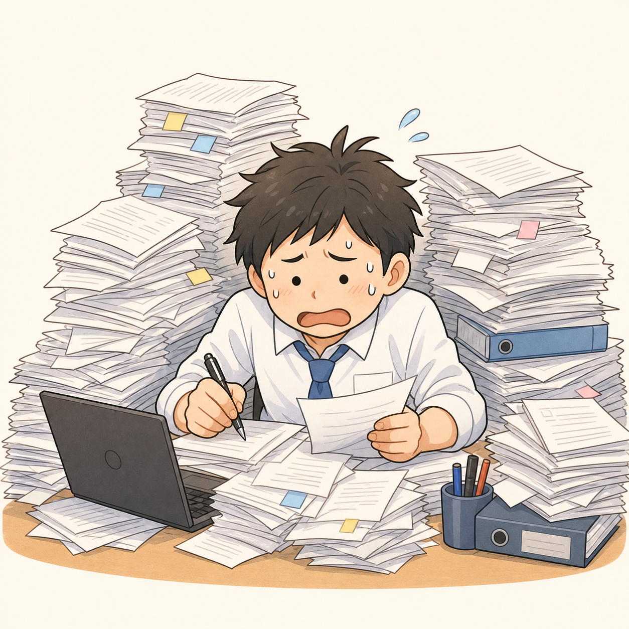 書類に埋もれて焦る会社員の社畜イラスト