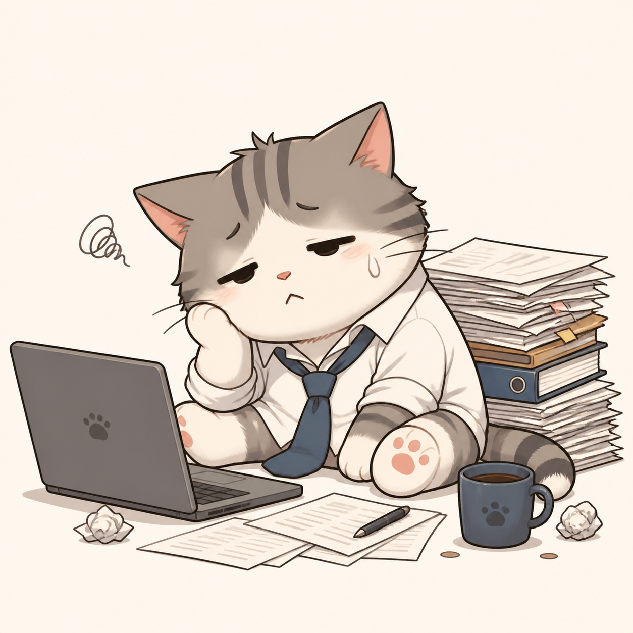 ネクタイをした社畜ねこがパソコン前で疲れているイラスト