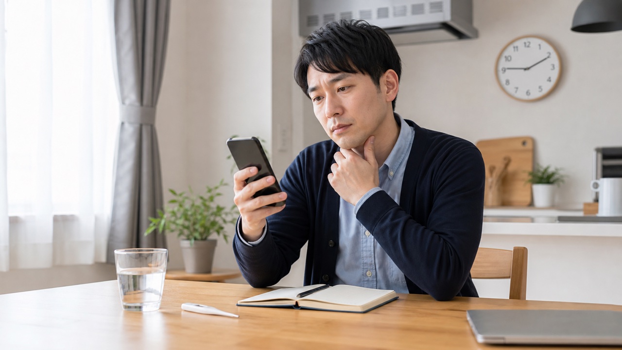 体調不良の遅刻連絡を早めに準備する会社員