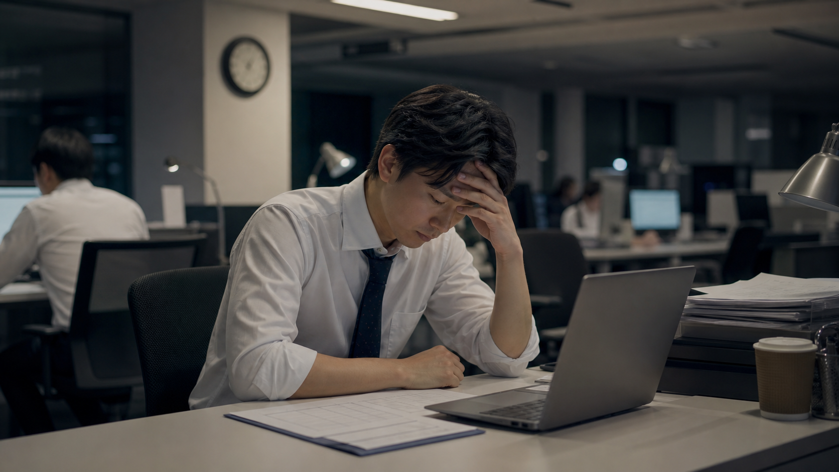 夜のオフィスで疲弊しながら働く会社員