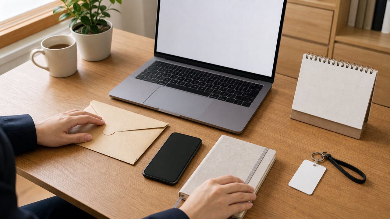 退職連絡に必要な封筒とスマートフォンを整理する手元