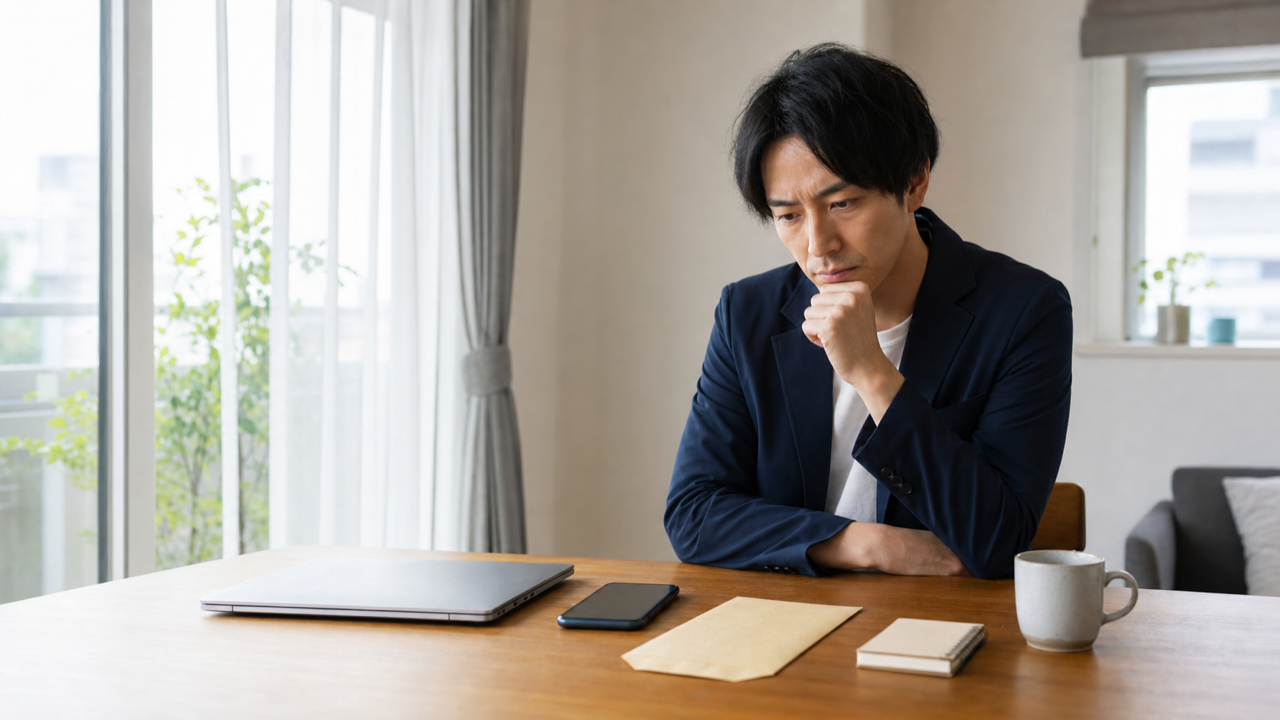 朝の自宅で退職連絡を迷う会社員と封筒