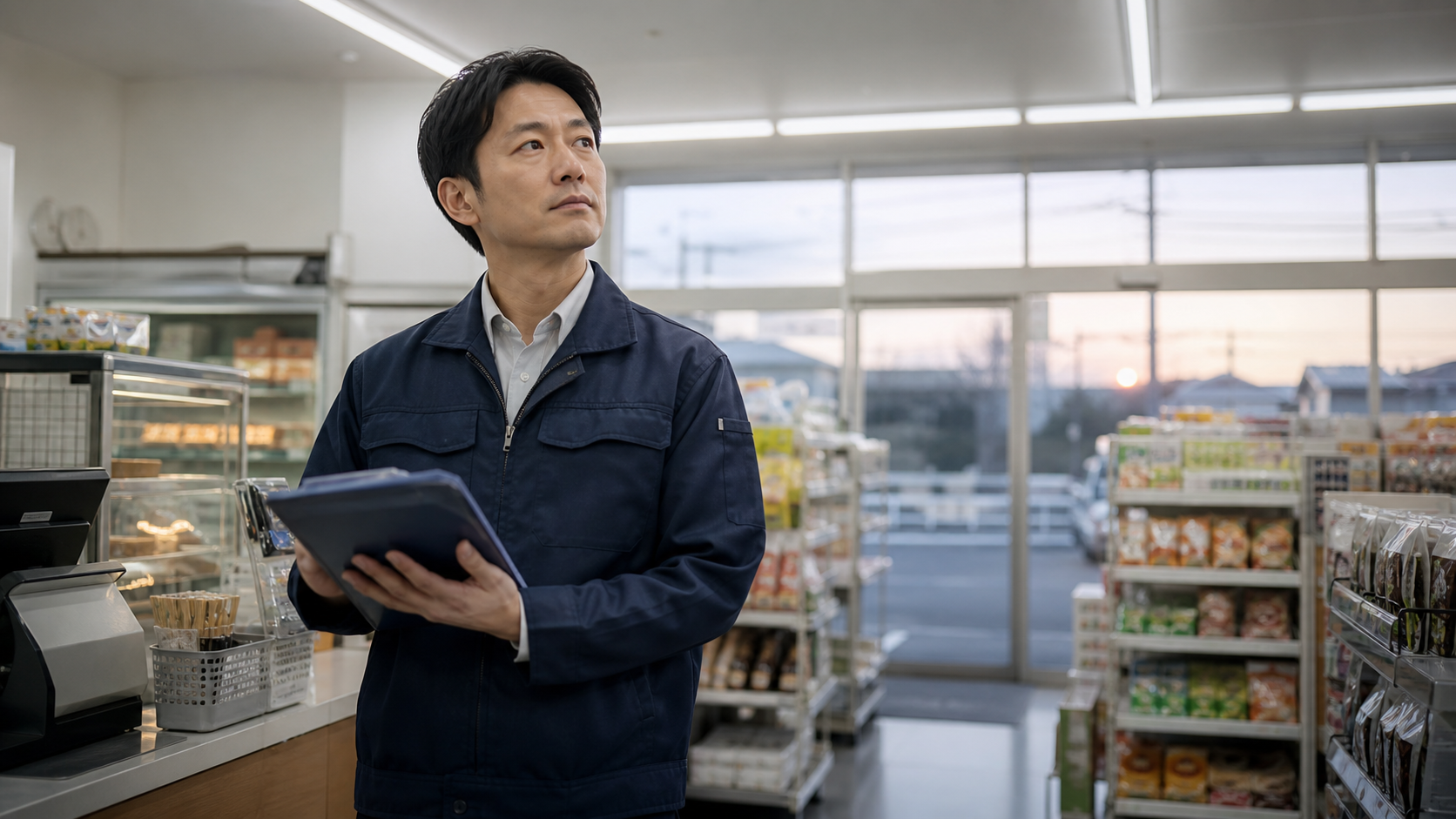 朝のコンビニ店内で業務を確認する店長