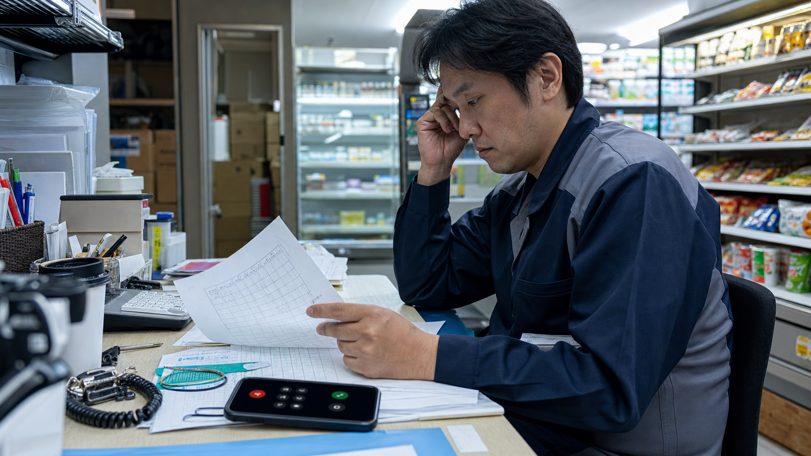 深夜の店舗でシフト表を確認するコンビニ店長