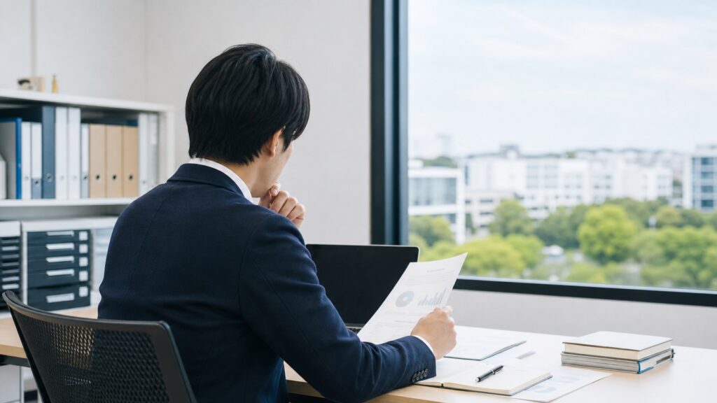 大学職員への転職を考える人がオフィスで資料を見ながら悩む様子