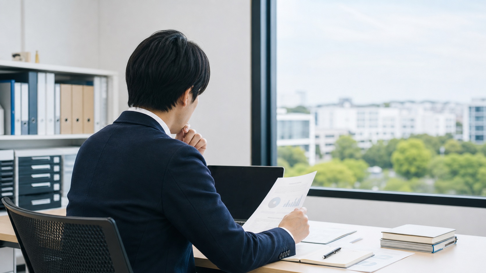 大学職員への転職を考える人がオフィスで資料を見ながら悩む様子