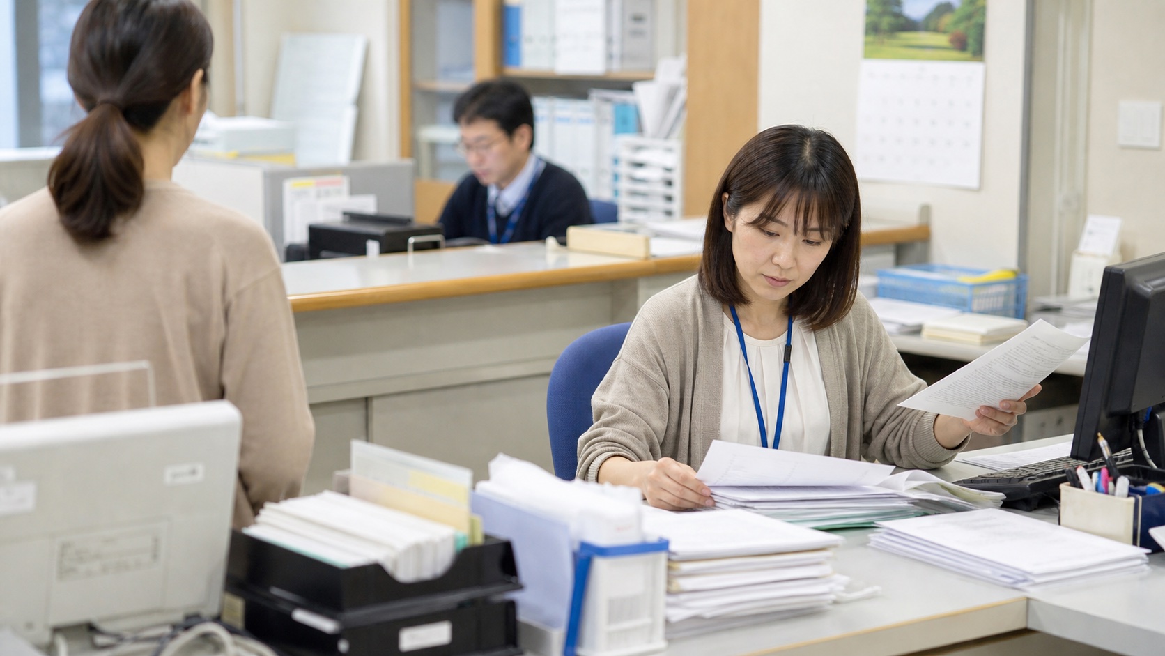 大学職員の仕事で書類対応に追われる事務職員の様子