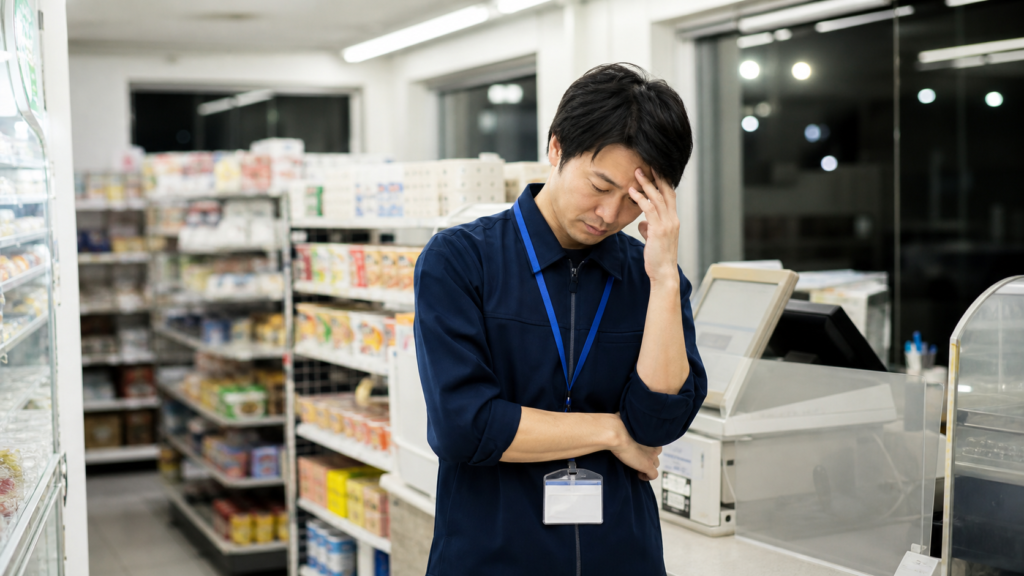 コンビニ正社員の長時間勤務に疲れた従業員