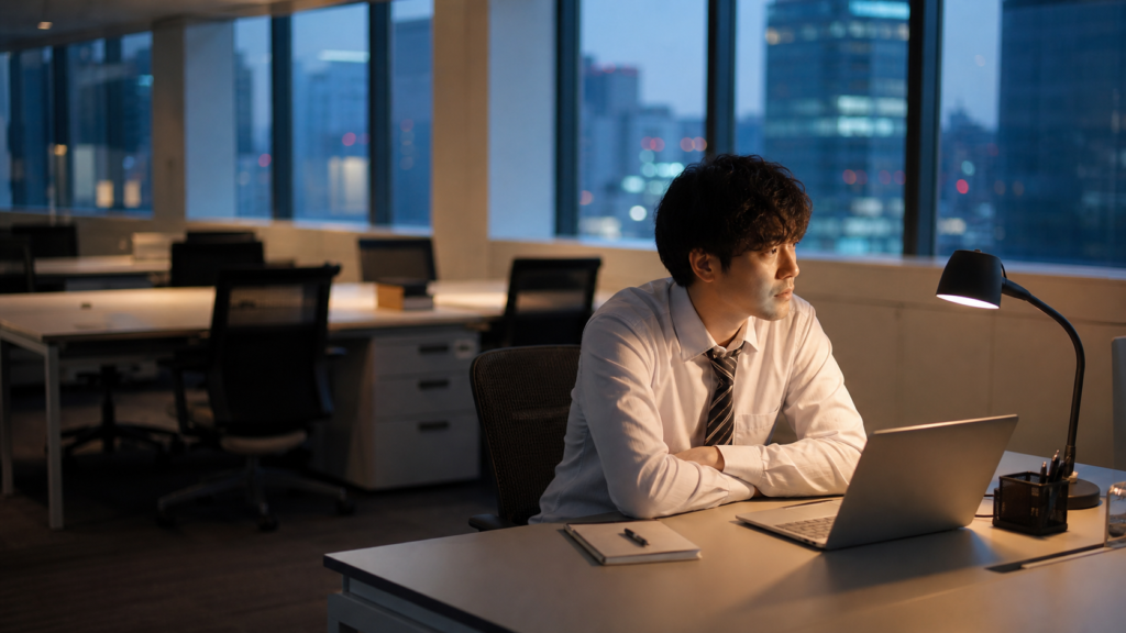 退職ラッシュで空席が増えた職場で一人考える会社員