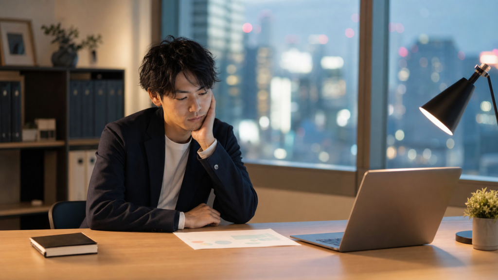 憧れの仕事を辞めたいと感じて夜のオフィスで悩む人