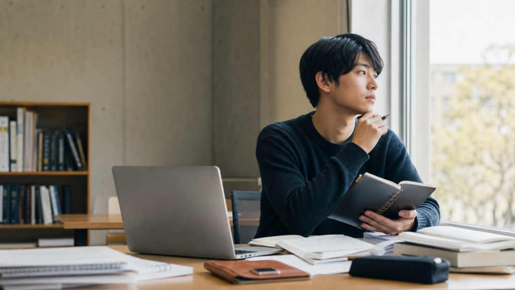 大学院をやめたい学生が研究室で進路を考えている様子