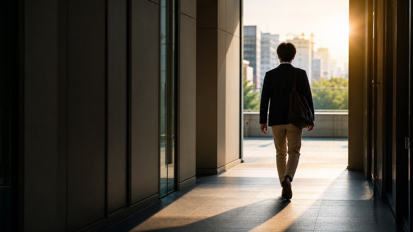 社畜から自由になりたい人がオフィスを出て朝日に向かうイメージ