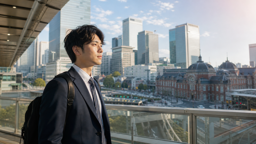 東京就職を迷う若手社会人と東京の街並み