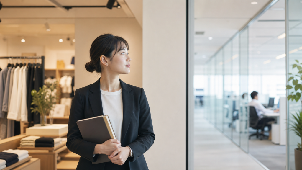 店舗から本社転職を目指す販売スタッフが本社オフィスを見つめるイメージ
