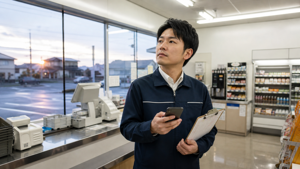 コンビニ正社員が夜勤明けに辞めるか働き方を見直すイメージ
