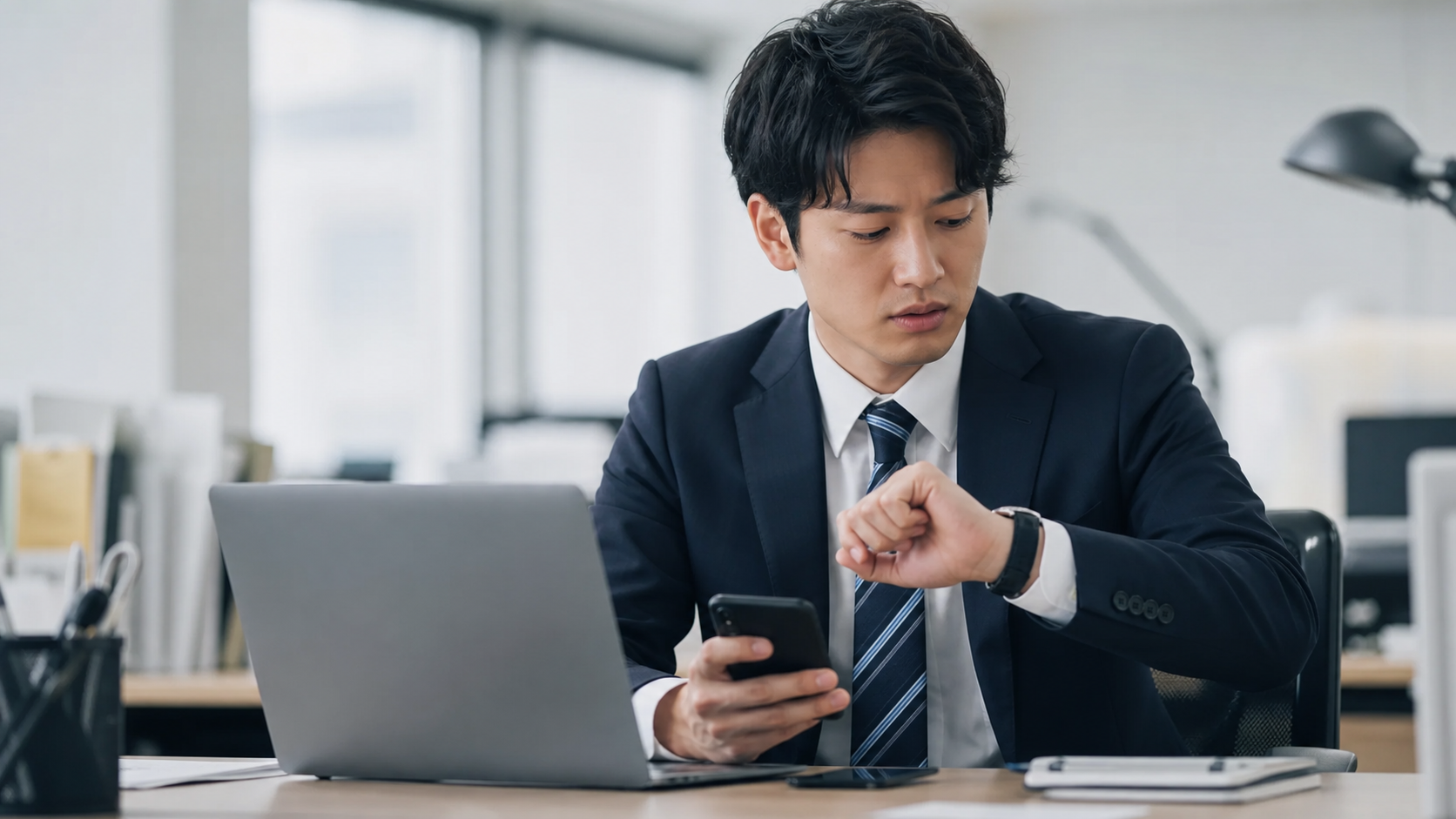 入社30日以内に早退理由を伝えるため時計を確認する会社員