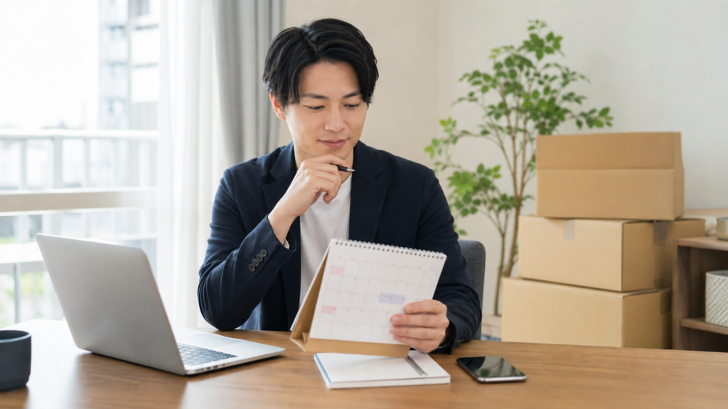 引っ越しの予定を確認しながら有給申請を考える会社員