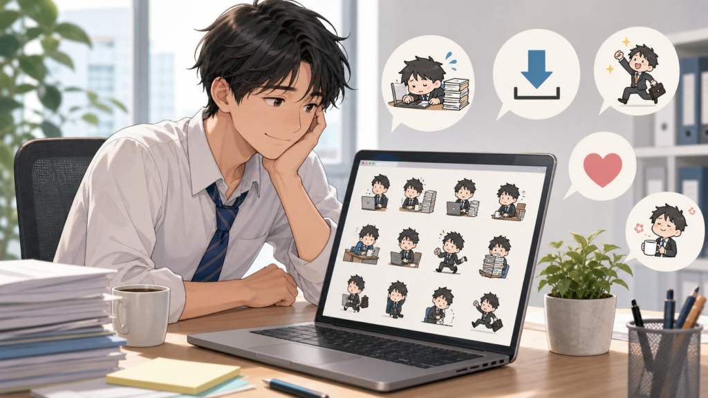 社畜イラスト素材の無料ダウンロードページを確認する会社員