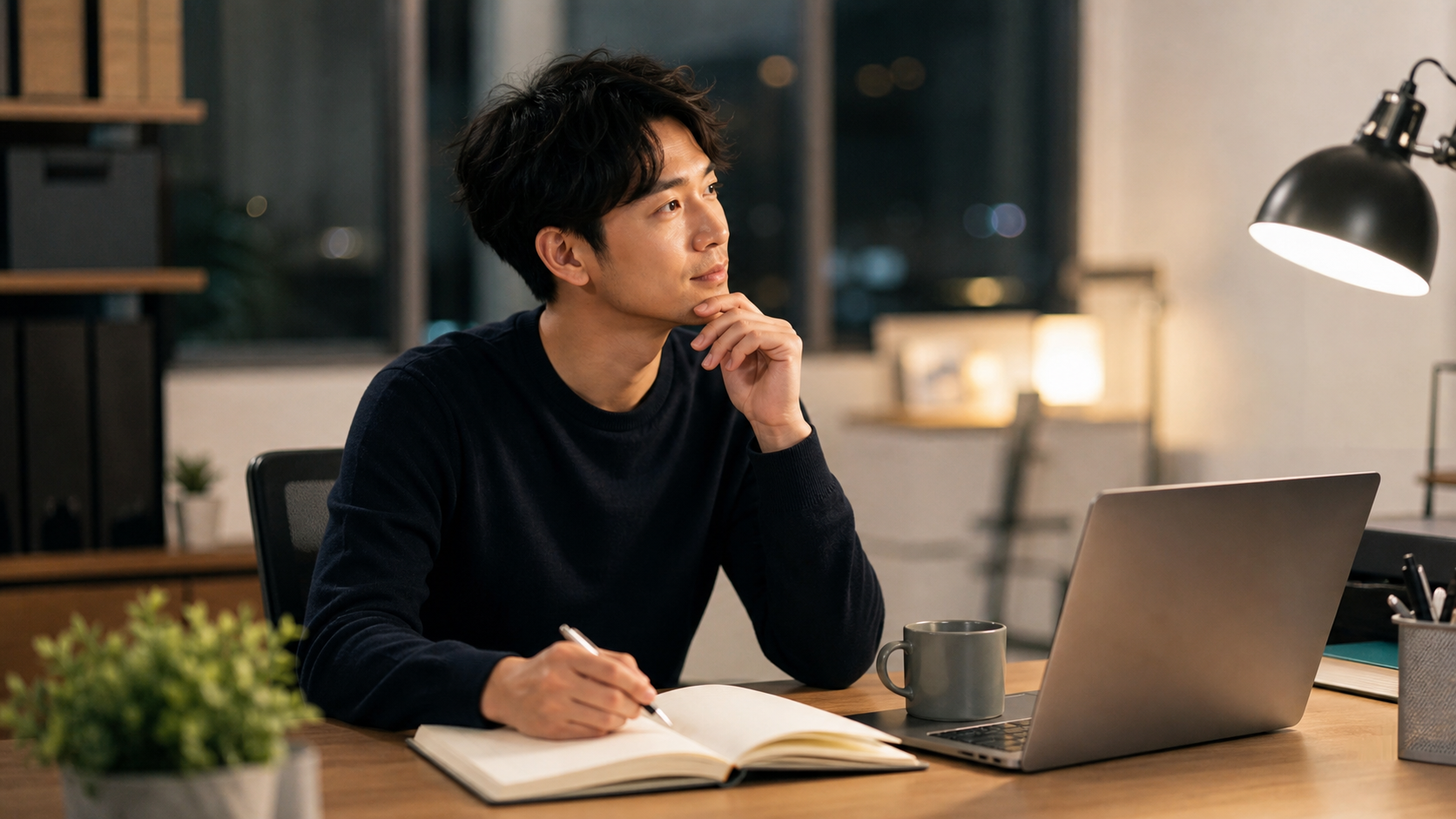 取り柄がないと感じる社会人が夜のデスクで強みを考える様子