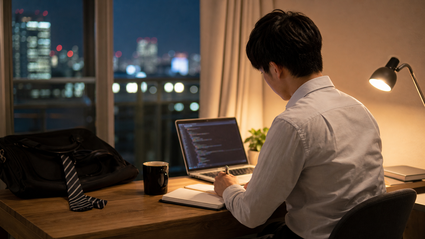 プログラミング未経験から転職を目指す会社員が夜に学習する様子
