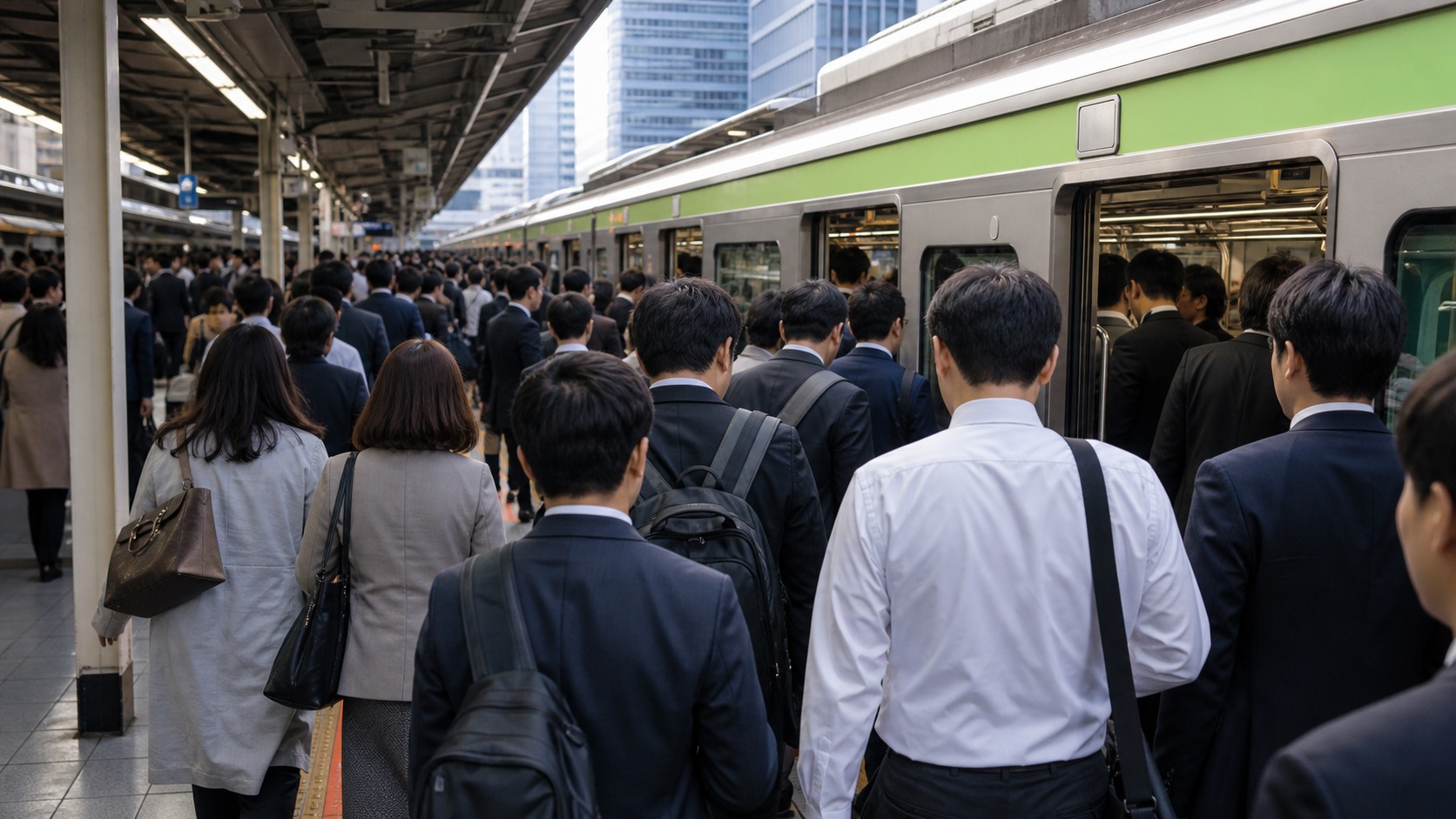 満員電車サバイバルの混雑した駅ホームを表すアイキャッチ画像