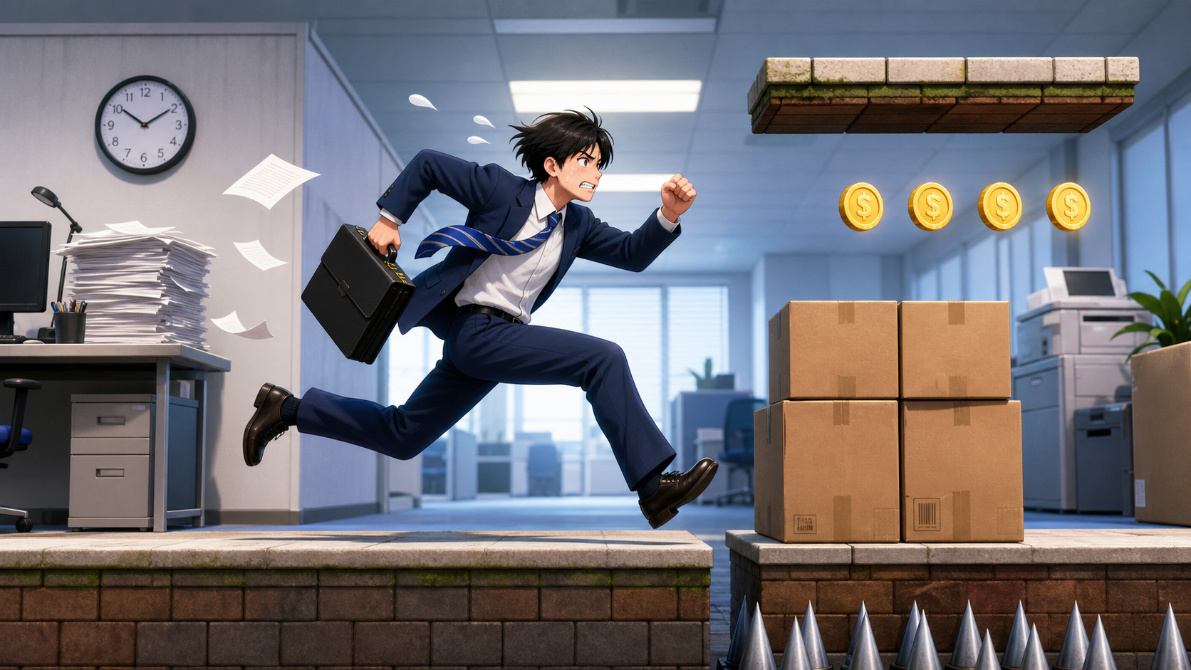 社畜走でオフィス障害物を走り抜ける社畜ゲームのアイキャッチ