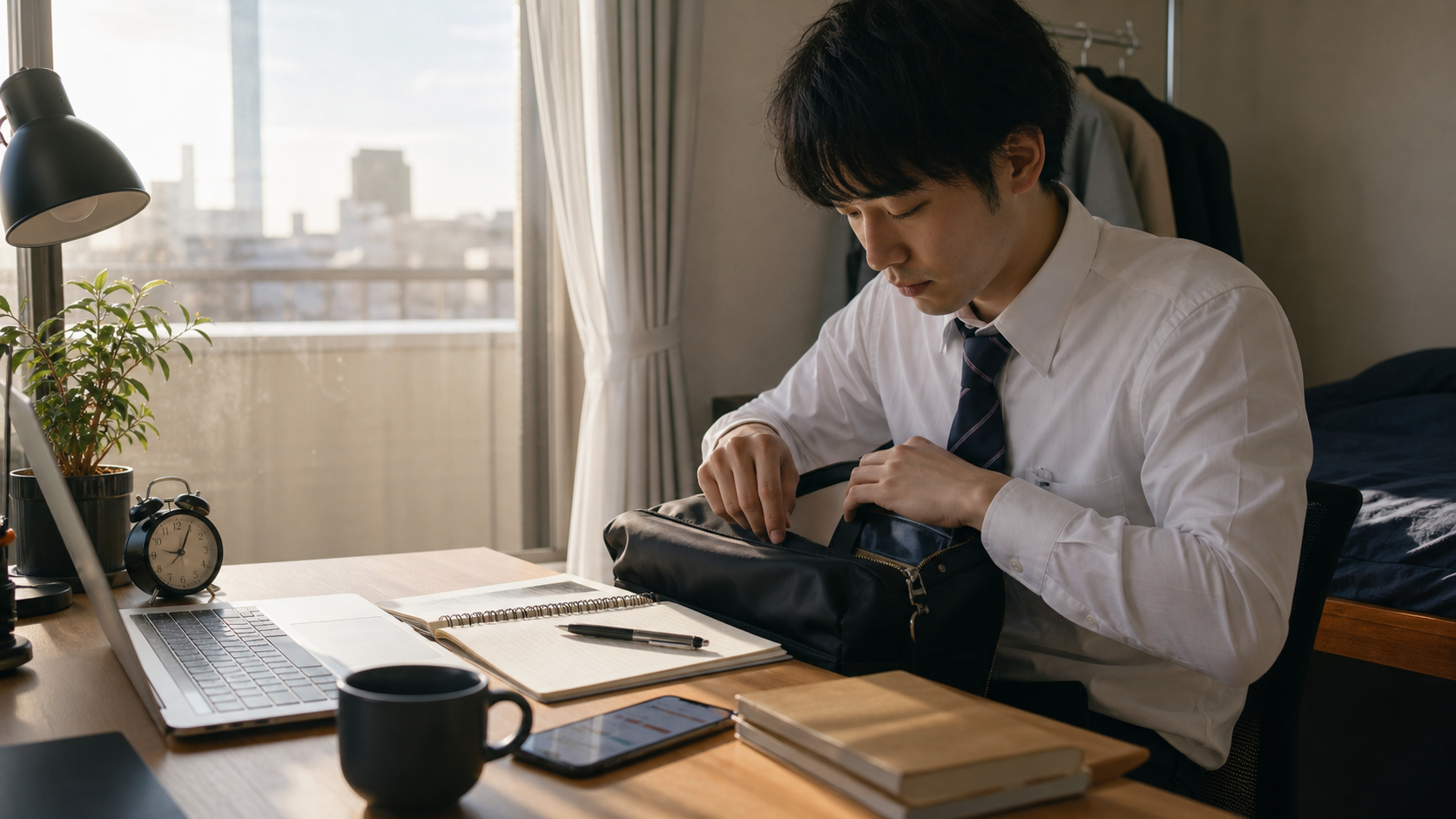 出勤前に資格勉強の準備をする社畜会社員