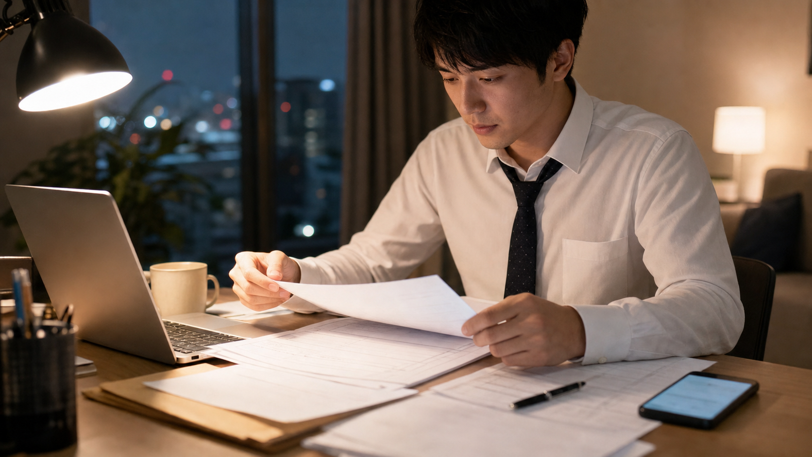 夜のデスクで職務経歴書を準備する会社員
