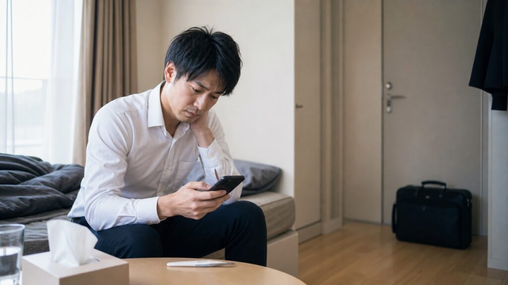 体調不良で遅刻連絡を送る朝の会社員