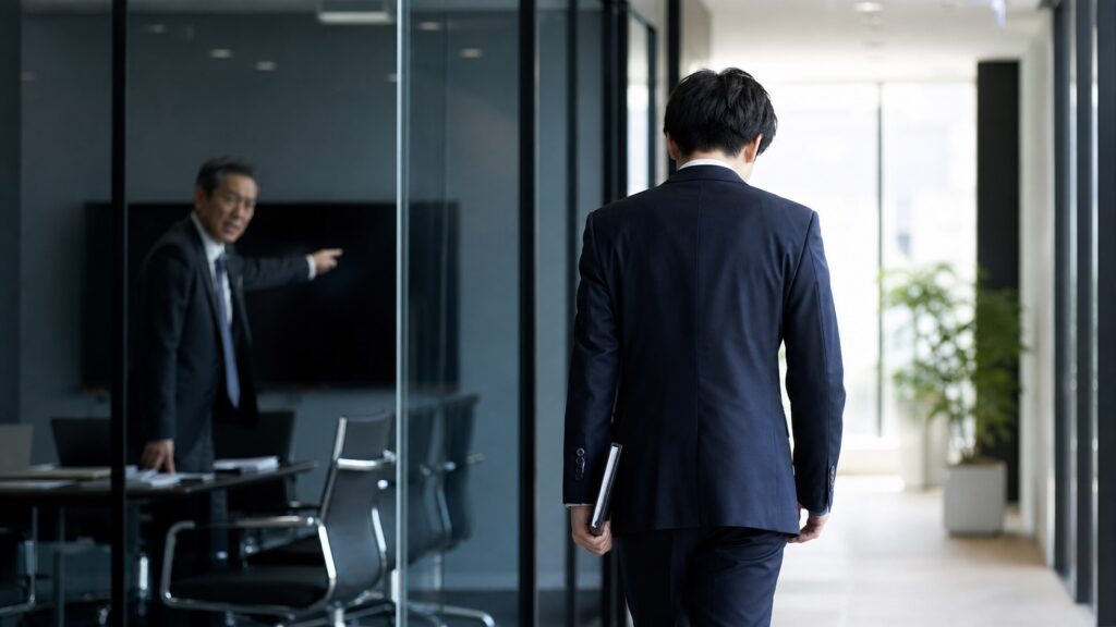 ワンマン社長の末路から逃げる会社員のイメージ