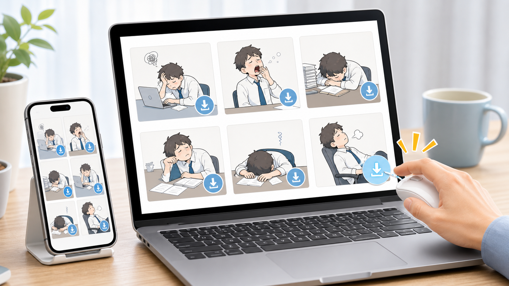社畜イラストのダウンロード方法をパソコンとスマホで確認する画面