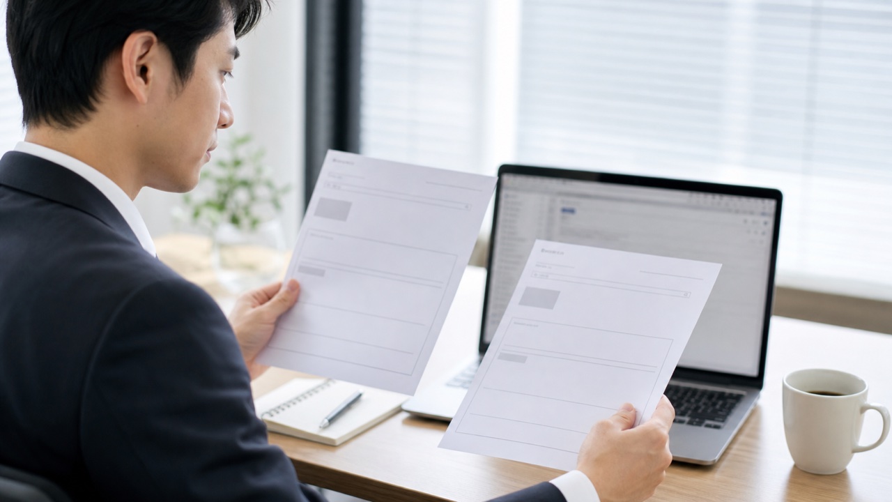 ビジネスメールの自然な言い換え例を確認する会社員