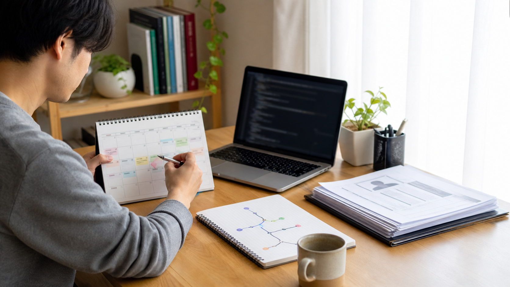 プログラミング学習計画と応募書類を並べて転職準備を進める様子